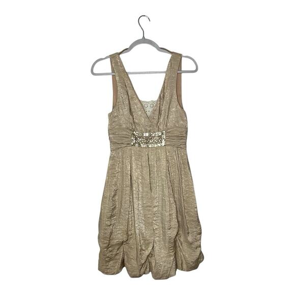BCBG Max Azria Party Dress 6 Gold Silk Blend Metallic Sequin Waist Balloon Hem - Picture 1 of 12